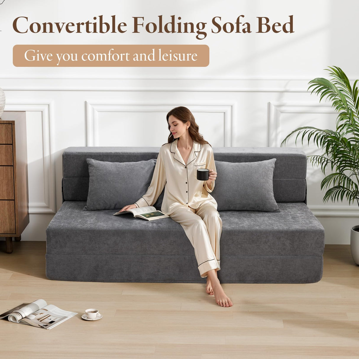 HOMFINE Folding Sofa Bed - Convertible Sleeper Chair with Pillow, Fold Out Couch, Memory Foam Floor Mattress, Futon Couch, Lazy Sofa for Living Room/Dorm/Guest Room/Home Office, Grey, Queen Size HOMFINE