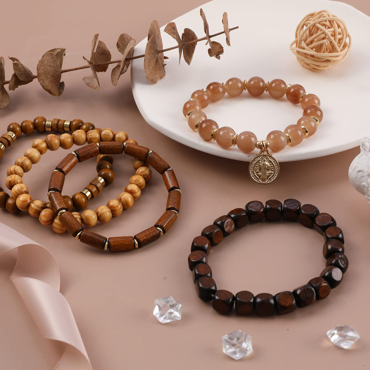 Bohemian Wood Beaded Bracelets for Women Natural Stone Boho Stretch Wooden Bracelet Set Religious Charm Multilayered Bead Strand Elastic Stackable Bracelets Handmade Jewelry Gifts for Men and Women IDEAJOY