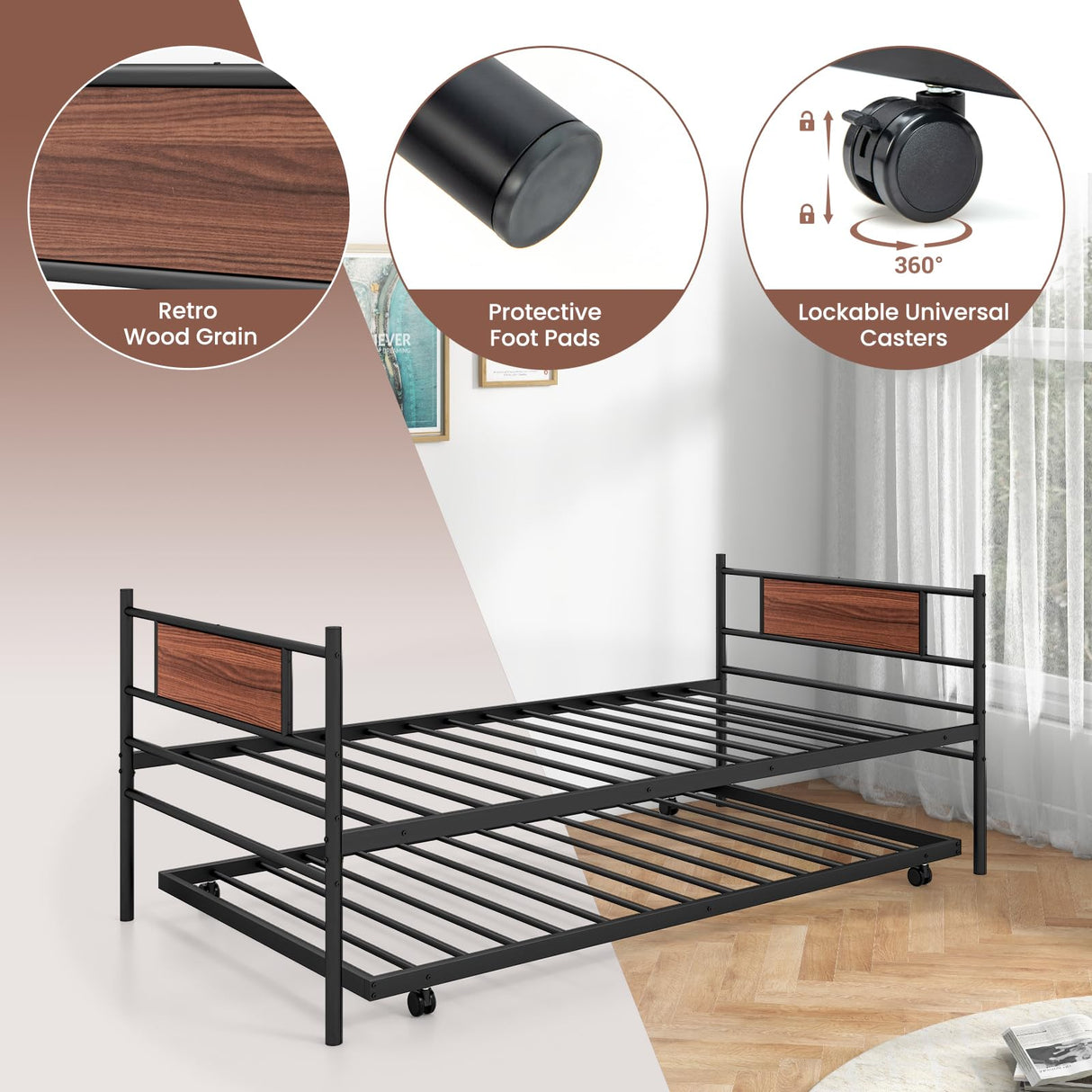 Giantex Metal Daybed with Trundle, Twin Size Day Bed with Wood Grain Headboard & Metal Slat Support, Space-Saving Trundle Sofa Bed for Living Room Guest Room, Easy Assembly, No Box Spring Needed Giantex