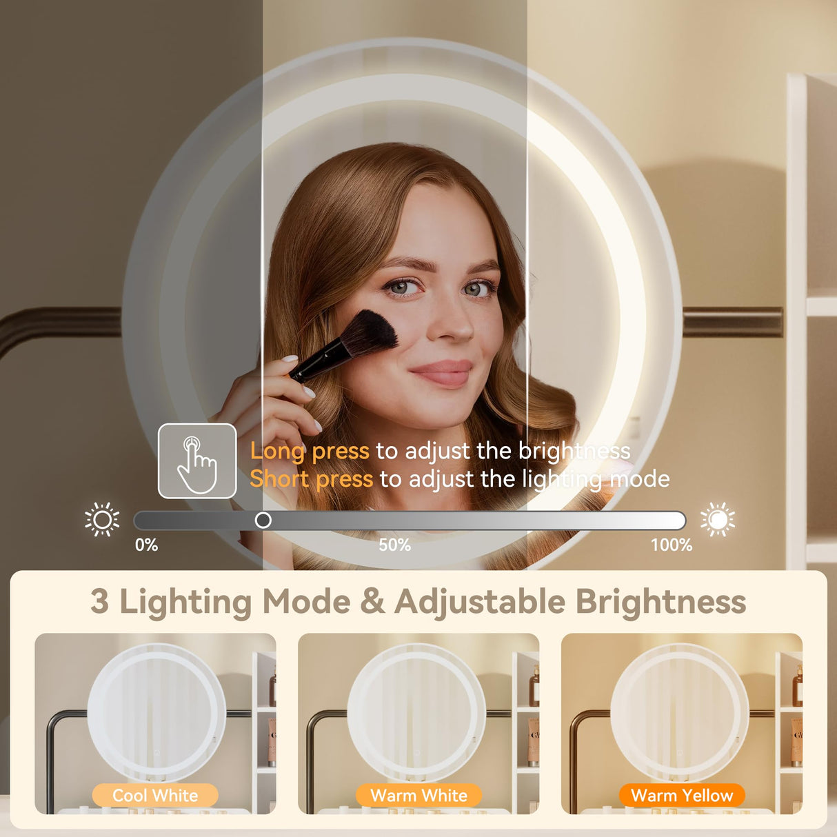 Dowinx Vanity Desk with LED Lighted Mirror & Power Outlet, White Vanity Desk with Adjustable 3 Lighting Modes, Small Vanity Desk for Bedroom, Makeup Vanity with Chair for Girl, White and Black Dowinx