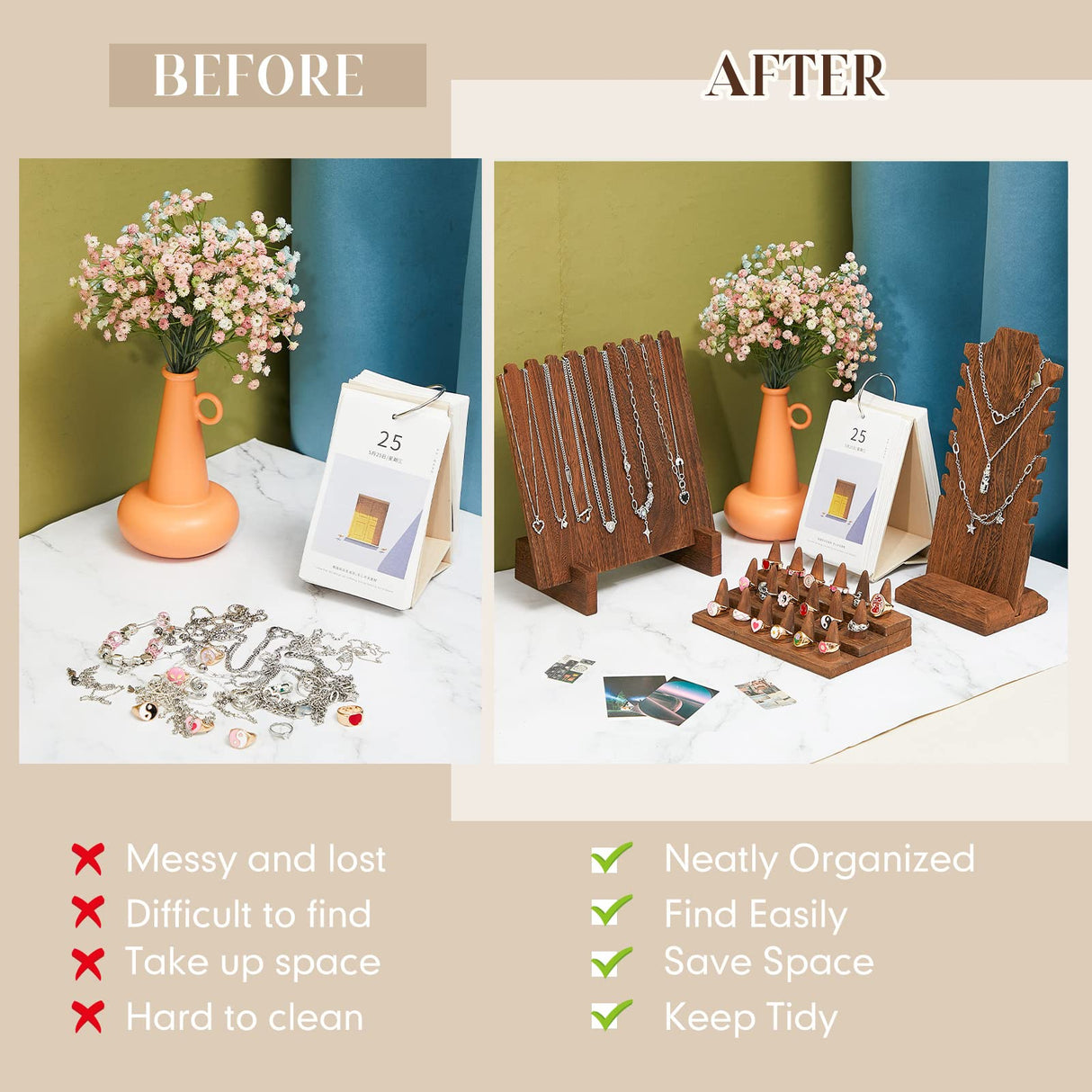 Jerify 4 Pieces Wood Necklace Display Holder Wood Plank Necklace Jewelry Display Ring Display for Selling Necklace Holder Stand Finger Ring Display for Jewelry Showcase Storage Home Display Jerify