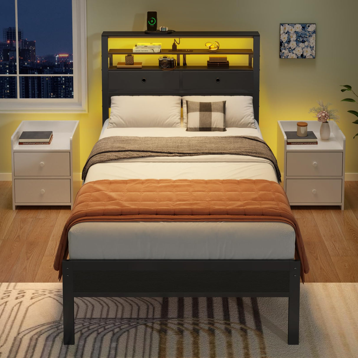 Furnulem Twin Bed Frames with Charging Station and LED Lights, Wood Headboard with 2 Fabric Drawers and Storage Shelves, Twin Size Platform Bed with Metal Slats, No Box Spring Needed, Black Oak Furnulem
