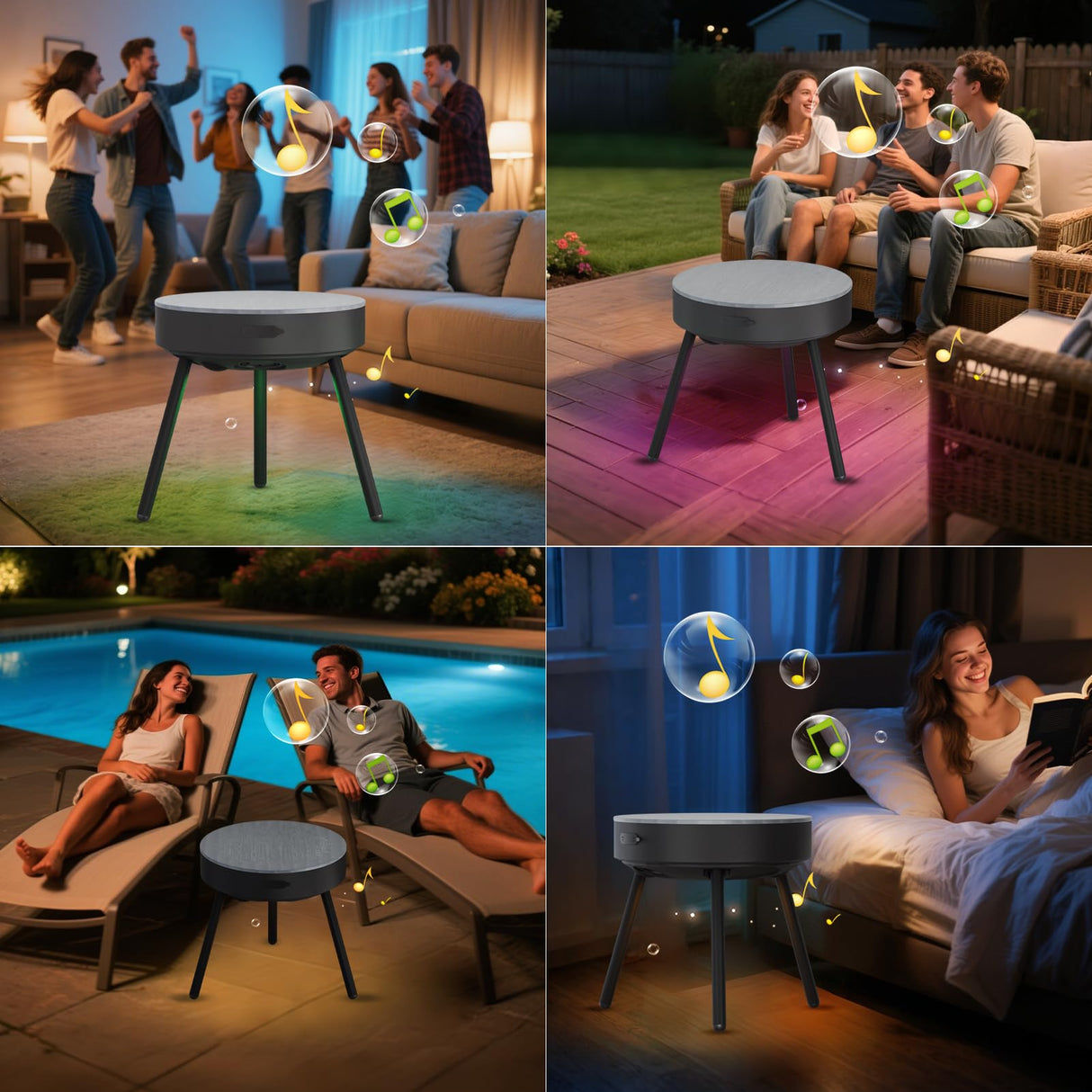 Smart Round Side Table with Charging and Smart Round Coffee Table - in Sound System, Modern Bedside Table for Nursery and Bedroom, Nightstands with Charging Station (Black) uuffoo