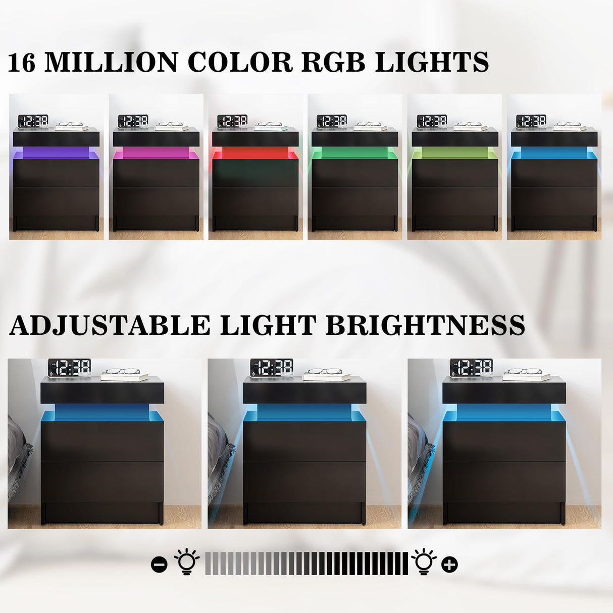 HOMMPA Set of 2 LED Nightstands Modern Black Nightstand with Led Lights Wood Matte Led Bedside Table Night Stand with 2 High Gloss Drawers for Bedroom 20.5" Tall HOMMPA