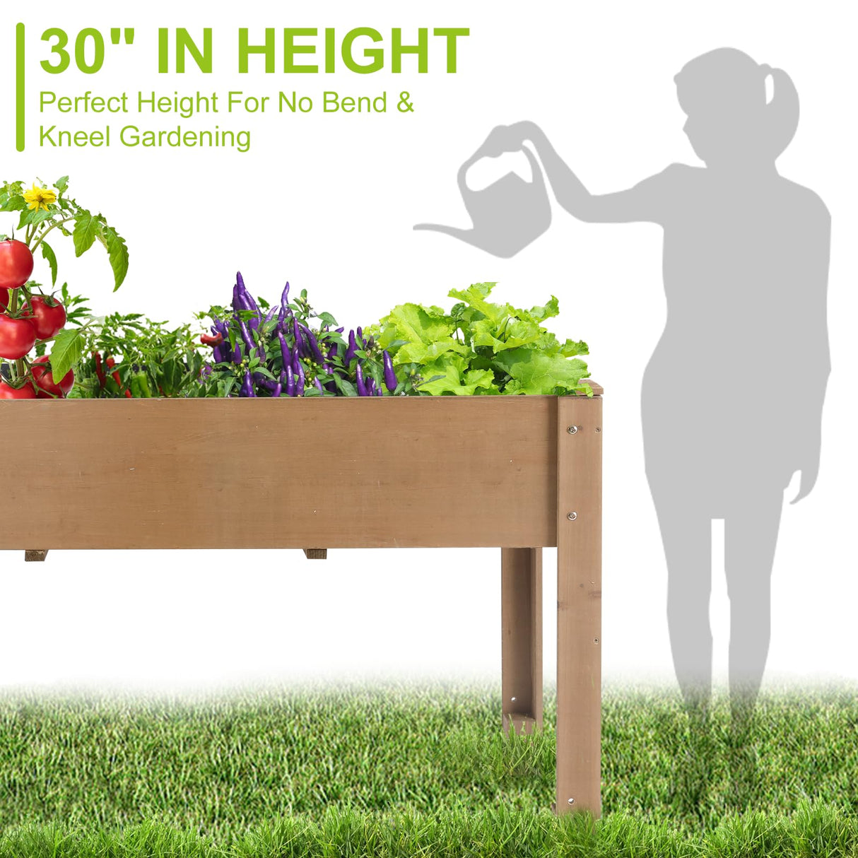 ketive Outdoor Wood Raised Garden Bed- Elevated Planter Box with Legs, Durable Fir Wood, Reinforced Frame with Drainage Holes, Liner for Vegetables, Herbs, Flowers, 47" x 23"x 30" ketive