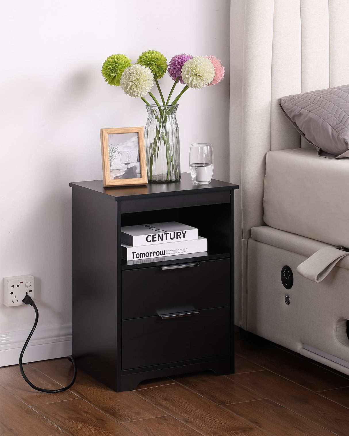 Kavonty Nightstand with Charging Station,End Table with 2 Drawers,Wooden End Table with Drawer and Opening Shelf,Side Table for Bedroom, Black Kavonty