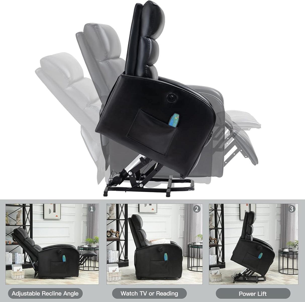 AVAWING Power Lift Recliner Chair for Elderly, PU Leather Electric Inclining Chair with Remote Control, Side Pocket and USB Port for Living Room & Bedroom, Black AVAWING