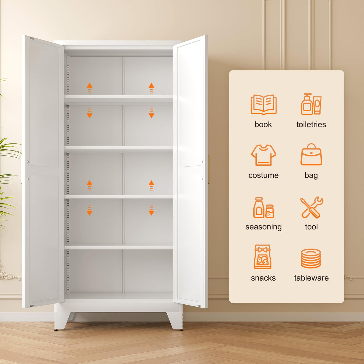 LCAOPC 71" Tall Metal Storage Cabinet with 2 Doors and 4 Adjustable Shelves, 5-Tier Kitchen Pantry Storage Cabinet for Kitchen, Living Room, Dining Room and Office, White LCAOPC