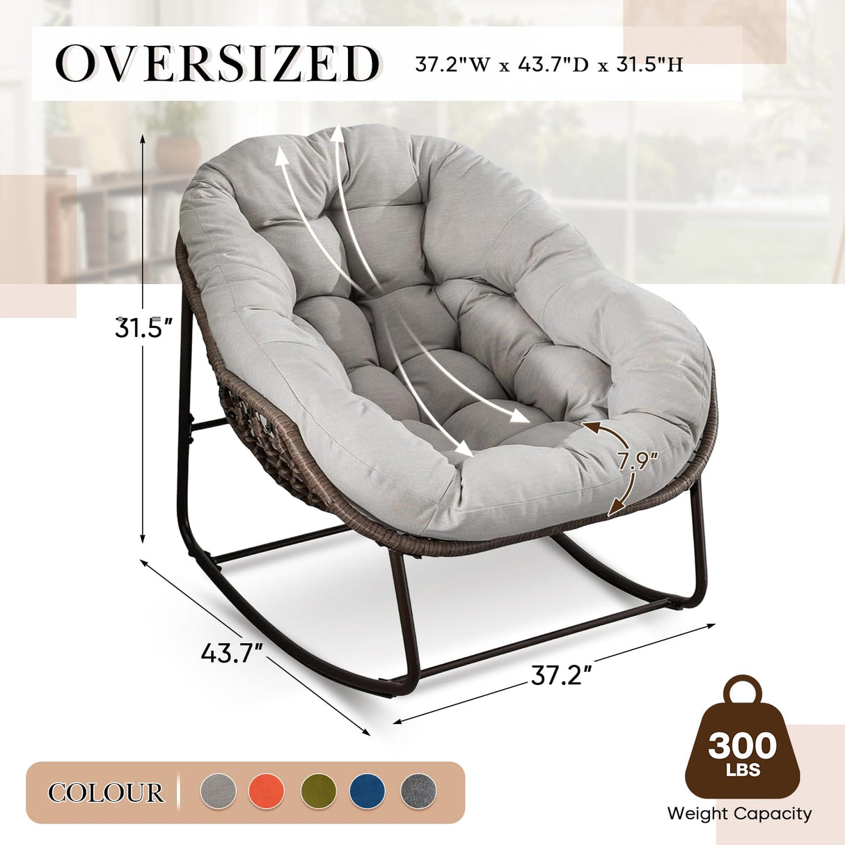 Large Indoor Outdoor Rocking Chair, Oversized Rocking Papasan Chair with Thick Cushion and Frame Outdoor Rocker, Comfy Wicker Egg Chairs Lounge for Outside Porch Patio Backyard Balcony (Beige) SLEERWAY