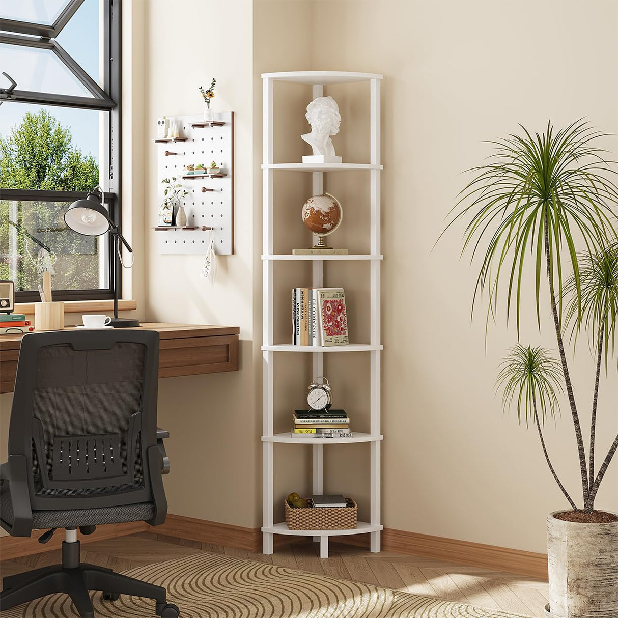 VIMBER Corner Shelf, 6-Tier Corner Bookshelf, Industrial Corner Ladder Shelf, DIY Storage Shelves, Modern Display Shelf for Living Room, Bedroom, Kitchen, Home Office, White UJSJ004W VIMBER