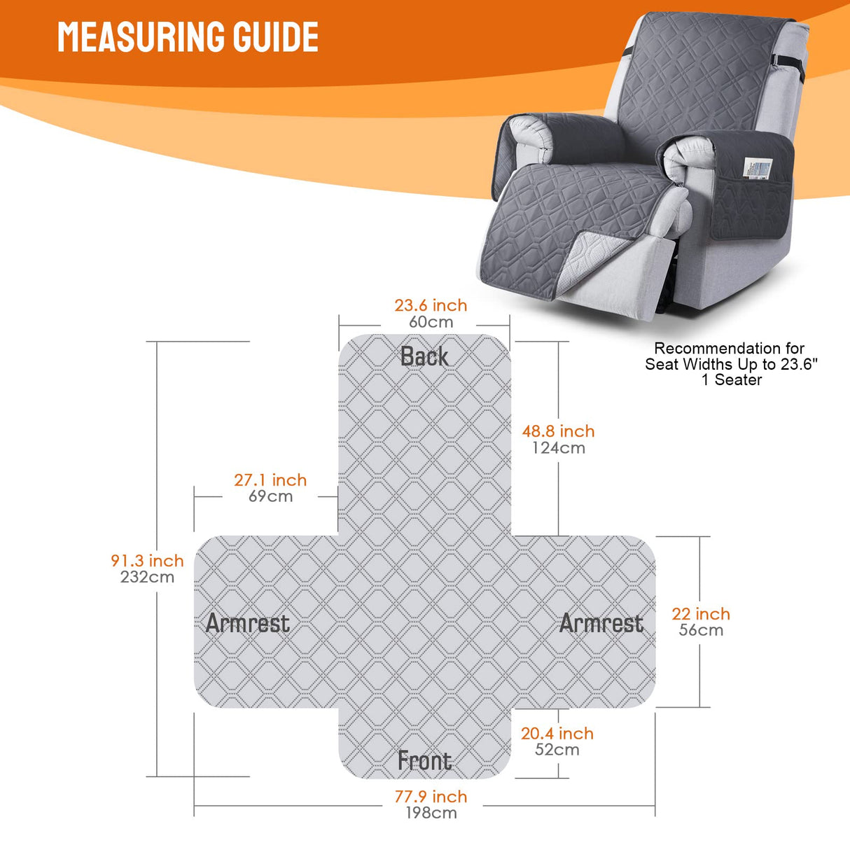 VANSOFY 100% Waterproof Recliner Chair Covers, Recliner Cover Non-Slip Dog Chair Cover Furniture Protector Washable Slipcover with Pocket, Elastic Straps for Pets, Dogs(Dark Gray, 23.6") VANSOFY