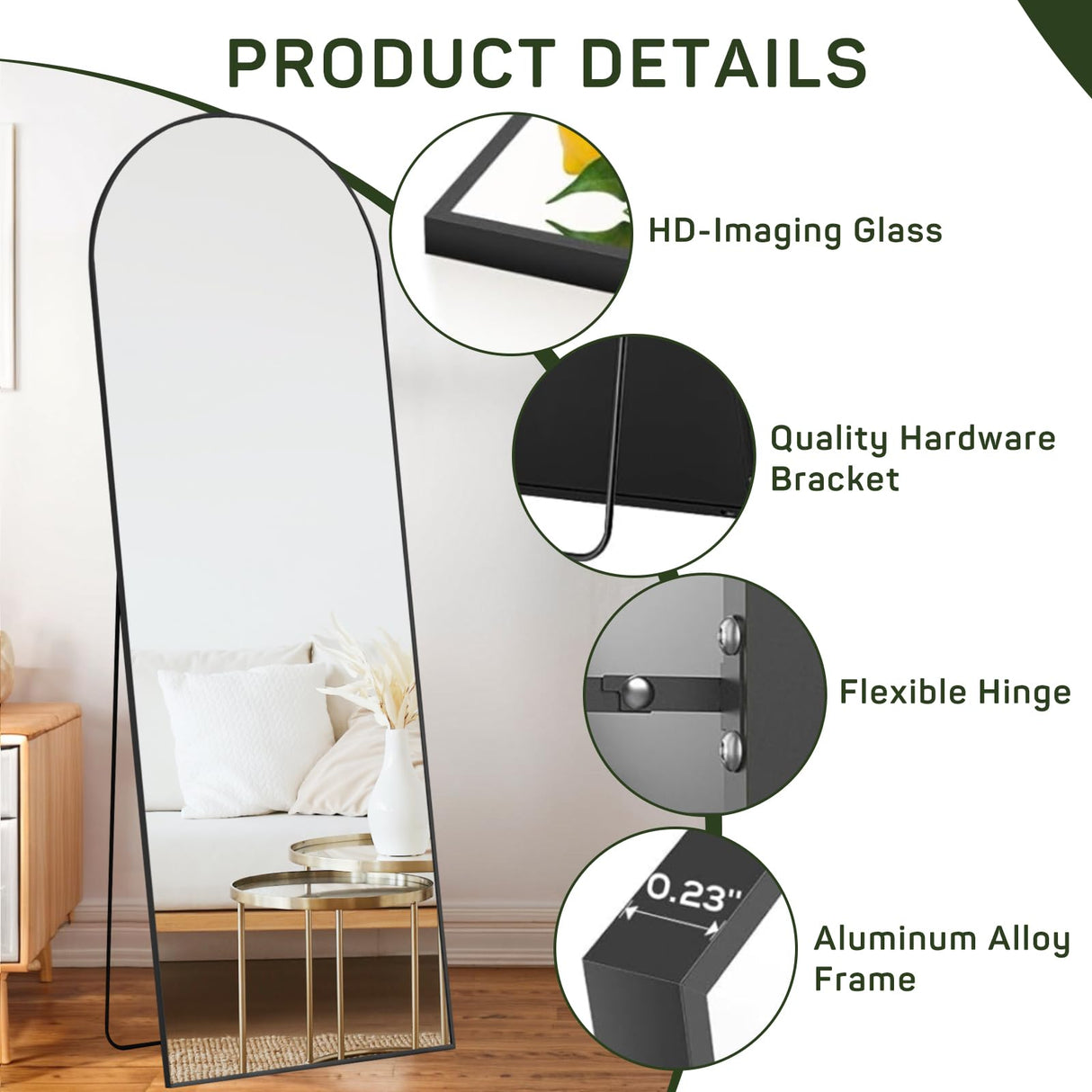 Arched Mirror Full Length, 16"x59" Body Wall Mirrors with Shatter-Proof Glass, Floor Standing, Hanging or Leaning, Tall Arch Mirror with Stand Aluminum Alloy Frame for Bedroom Cloakroom Zibbizo