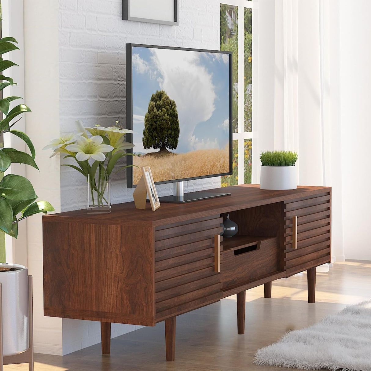 Whalefall Mid Century TV Stand for 65+ Inch TV, Entertainment Center with Sliding Door, Drawer, Storage Shelves, Mid Century Modern Media TV Console, Boho Television Stand for Living Room (59",Brown) Whalefall