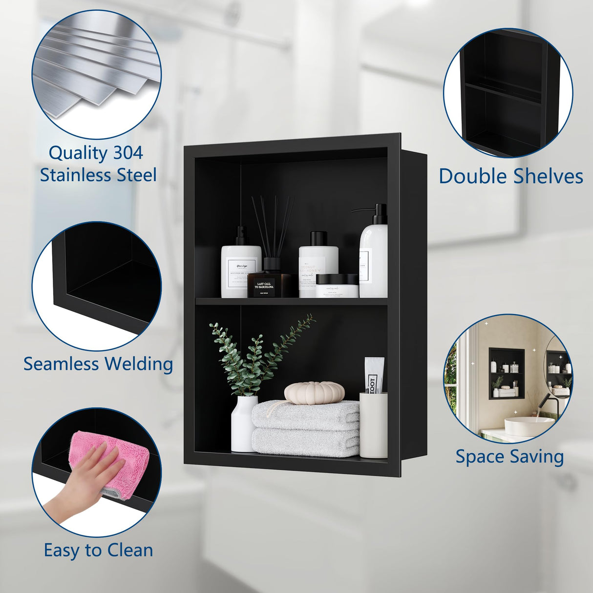 Qeke 14x18 Medicine Cabinet Recessed, Medicine Cabinet Without Mirror, 304 Stainless Steel Medicine Wall Niche with Double Shelves, Matte Black Qeke