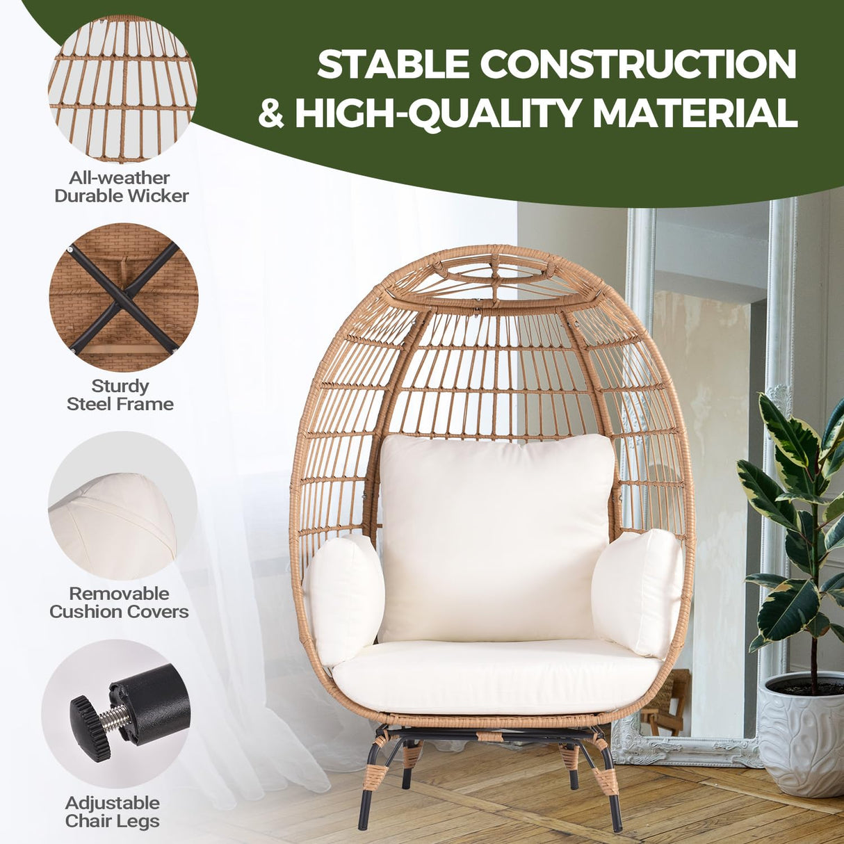 OTSUN Wicker Egg Chair, Oversized Egg Basket Chair for Living Room, Backyard, Outdoor Indoor Lounger with 4 Cushions, 440lb Capacity, Steel Frame, Ivory OTSUN