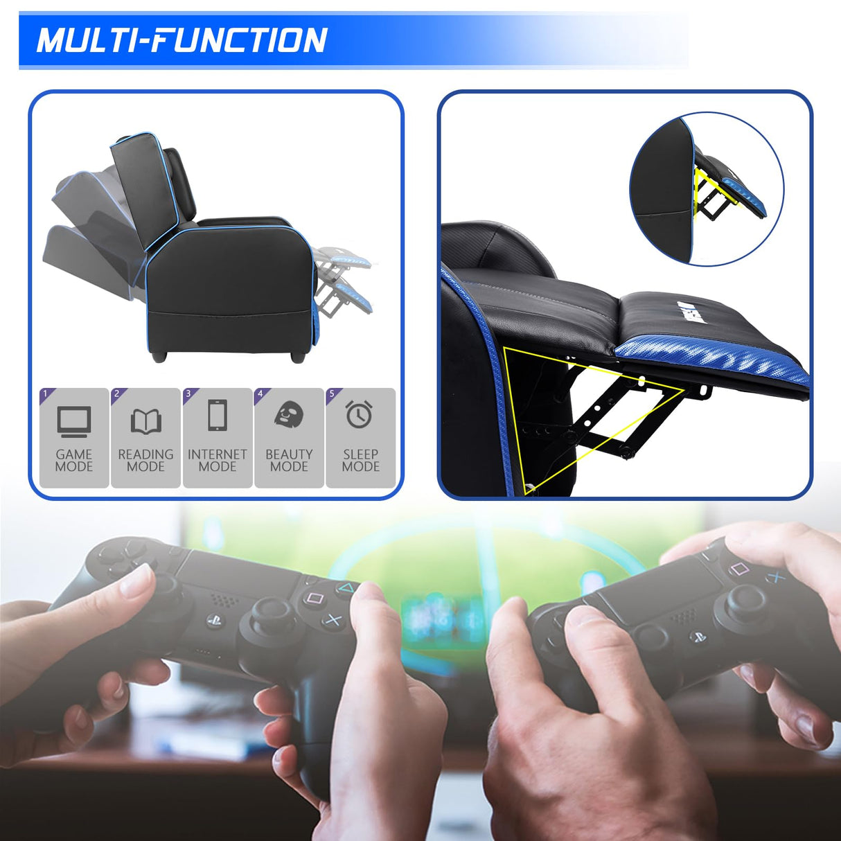 BOSSIN Gaming Recliner Chair for Adults 400lbs Racing Style Sofa Big and Tall PU Leather Recliner Seating Modern Ergonomic Lounge Recliner Chair Comfortable Home Movie Theater for Living Room(Blue) BOSSIN