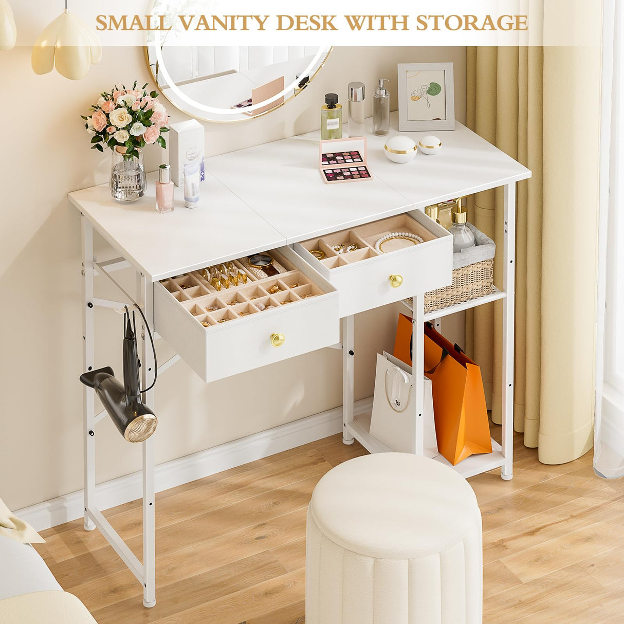 3IngSeagulls White Vanity Desk Without Mirror for Bedroom, Makeup Desk with 2 Fabric Drawers, Vanity Desk with Iron Hook, 36 Inches Vanity with Storage, White 3IngSeagulls
