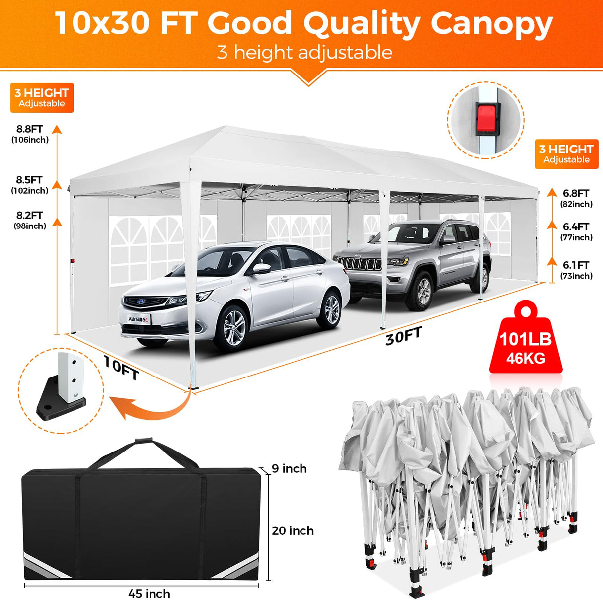 COBIZI 10x30 Pop Up Canopy Tent with Removable Sidewalls, Waterproof Portable Easy Up Canopy with Carry Bag, Instant Outdoor Shelter Tents for Parties, Events, Backyard Gatherings, Weddings, White COBIZI