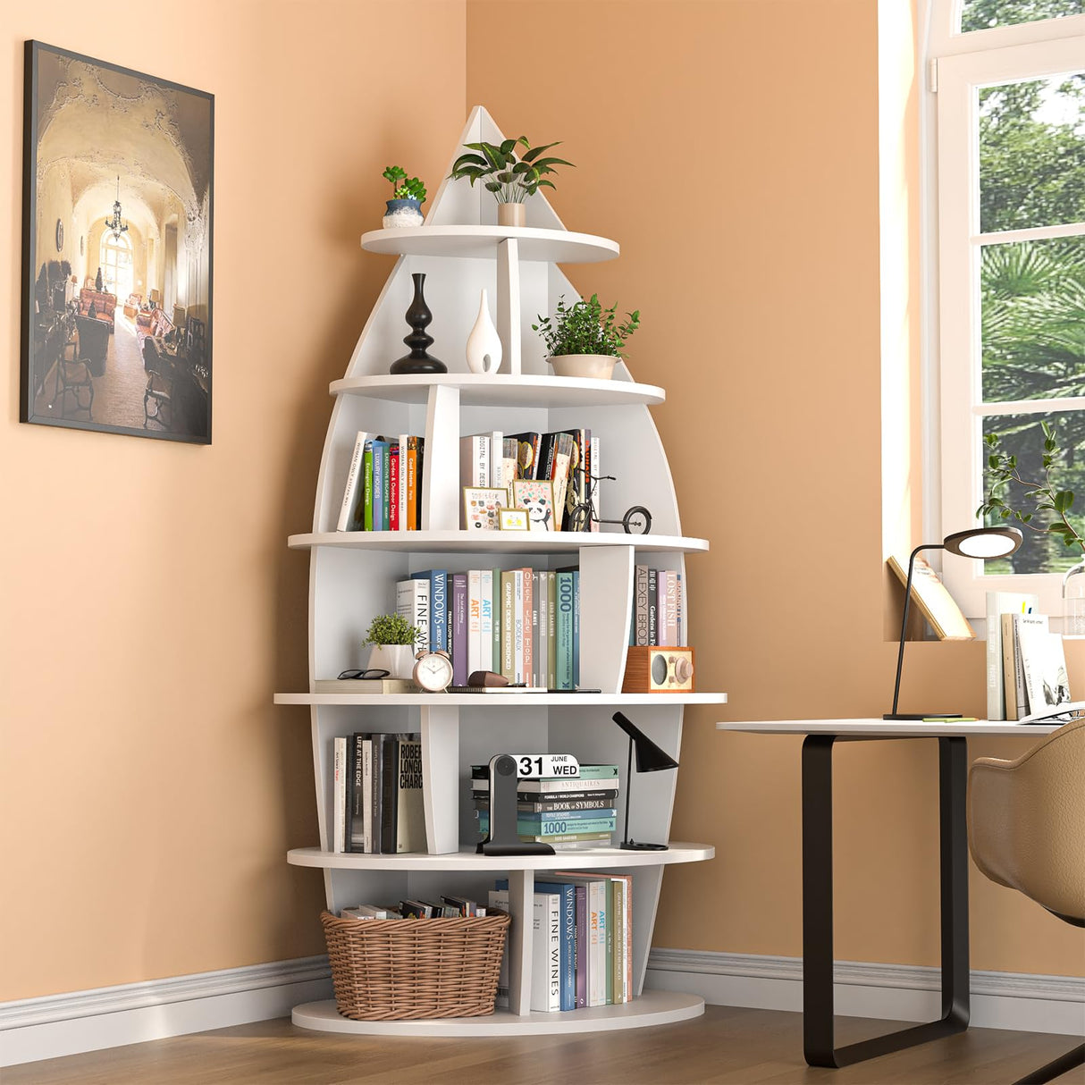 Yeyawomy 72-inch Corner Shelf, 6-Tier Wooden Bookshelf, Floor-Standing Standing Bookcase Storage Rack, Toy Organizer Cabinet Chest, Book Display Shelf, White Yeyawomy