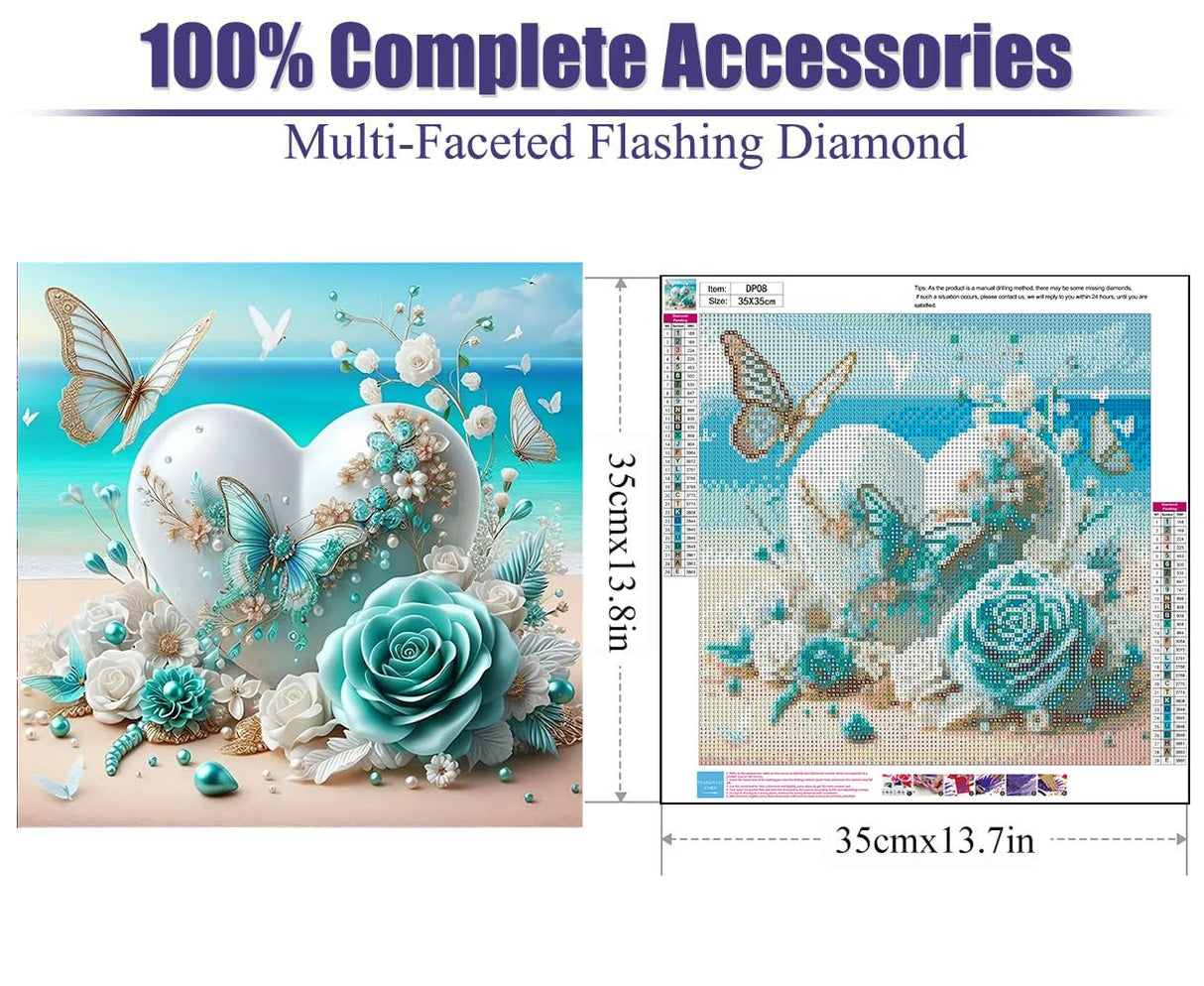 MXZCZX 5D Romantic Heart Diamond Painting Kits for Adults Beginners, Butterfly/Floral Pattern Diamond Art Kit, DIY Full Round Drill Beach Paint with Diamond Pictures Gem Art, Home Wall Decor 14x14In MXCFZX