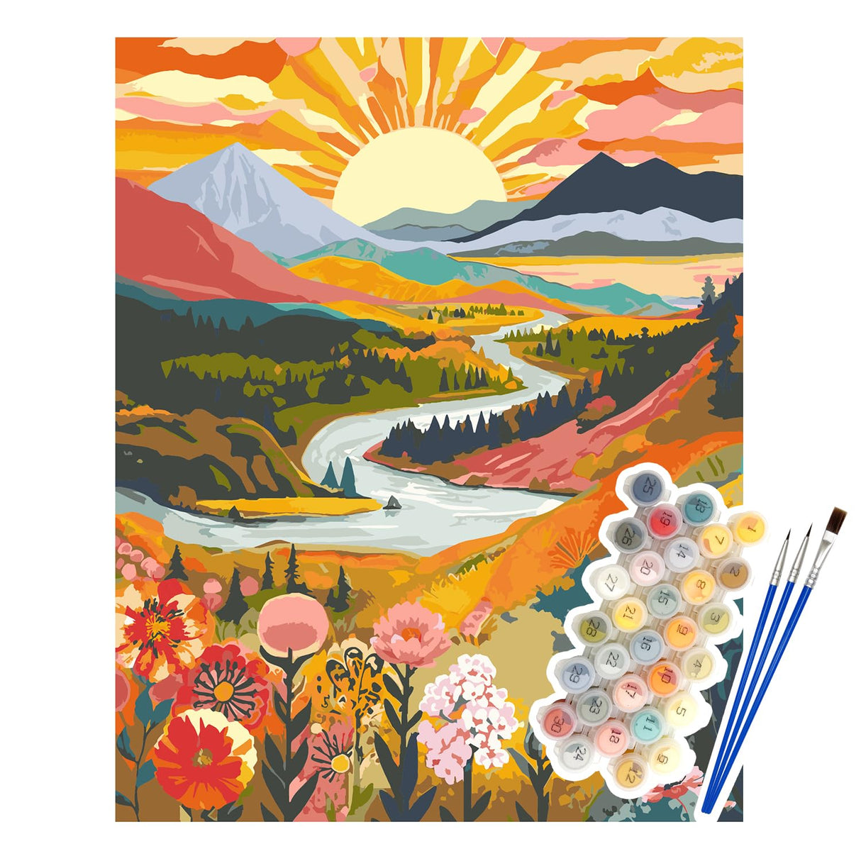 NPCSWXQ Paint by Numbers Kit for Adults Beginners, Sunrise Mountains and Rivers Landscape Painting Crafts Number Art Paint Kits for Home Wall Bedroom Study or Office Decor Gift 16x20Inch NPCSWXQ