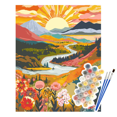 NPCSWXQ Paint by Numbers Kit for Adults Beginners, Sunrise Mountains and Rivers Landscape Painting Crafts Number Art Paint Kits for Home Wall Bedroom Study or Office Decor Gift 16x20Inch