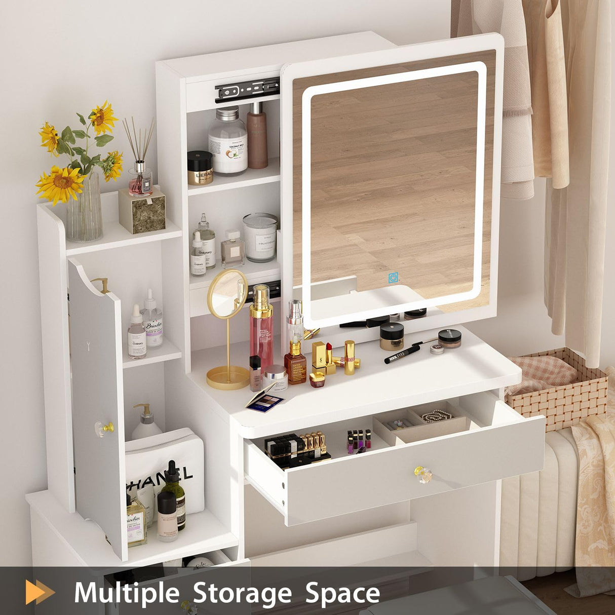 FAMAPY Vanity Desk with Mirror and Lights, Vanity Makeup Desk with Sliding Lighted Mirror, Vanity Mirror Makeup Desk with Cushion Stool, Drawers and FAMAPY