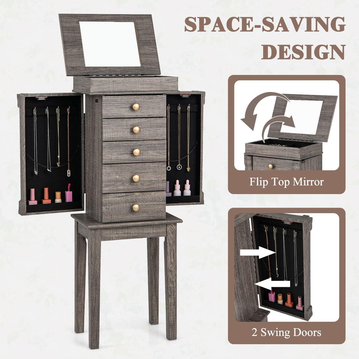 GOFLAME Standing Jewelry Armoire, Jewelry Storage Cabinet with Flip Top Makeup Mirror, 5 Drawers, 2 Side Doors, 8 Necklace Hooks, Solid Wood Legs, GOFLAME