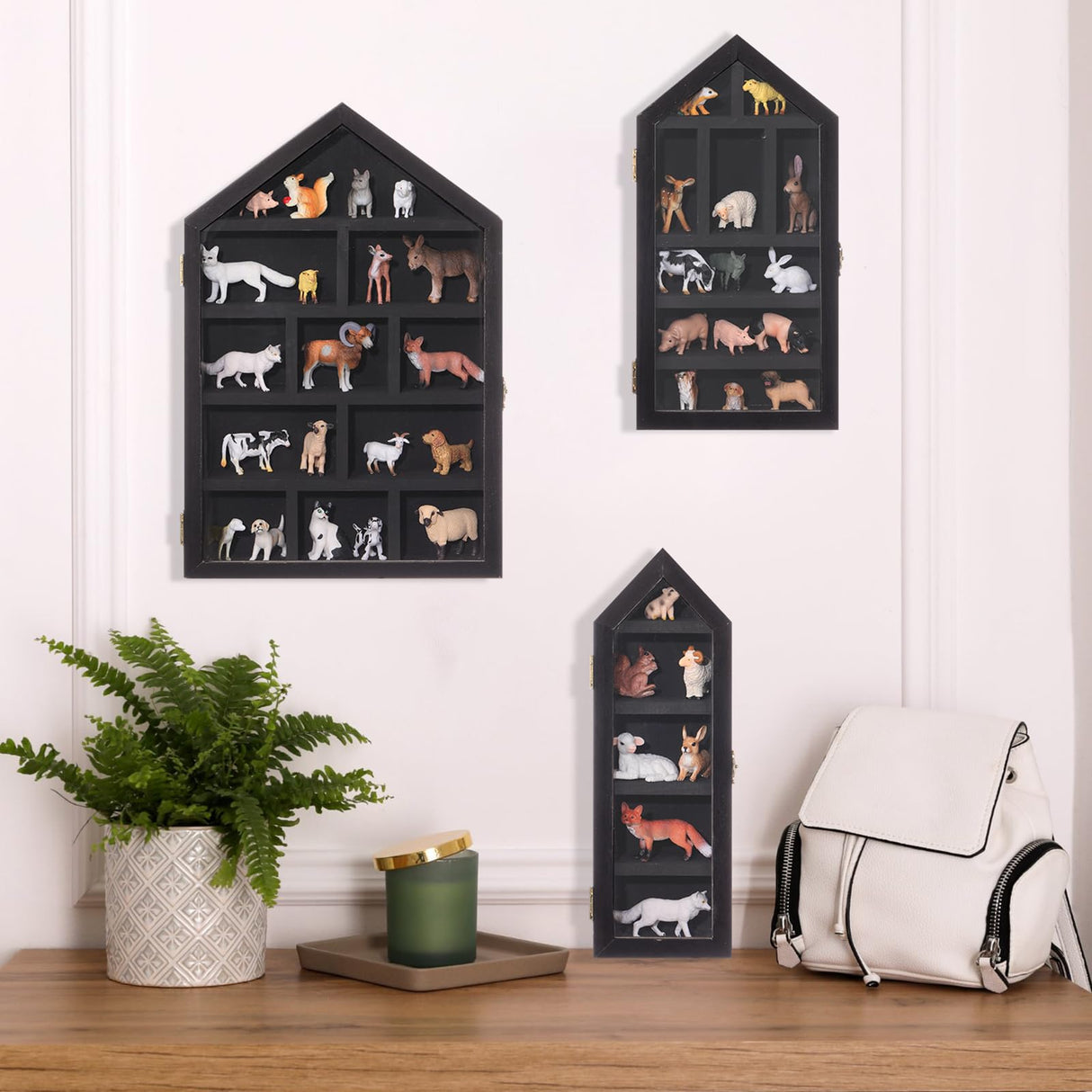 DoubleFill Set of 3 Shadow Cubby Boxes Wooden House Shaped Display Shelf 10 x 15 Inch Large Wall Mounted Display Storage Shelves for Mini Figures Curio Trinket Medals Crafts Collections(Black) DoubleFill