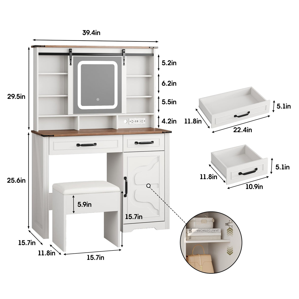 Farmhouse Makeup Vanity Desk with Sliding Mirror and Lights and Charging Station, White Vanity with Shelves and Drawers and Storage Cabinet, Make Up Vanity Desk with Cushioned Stool for Bedroom Befrases