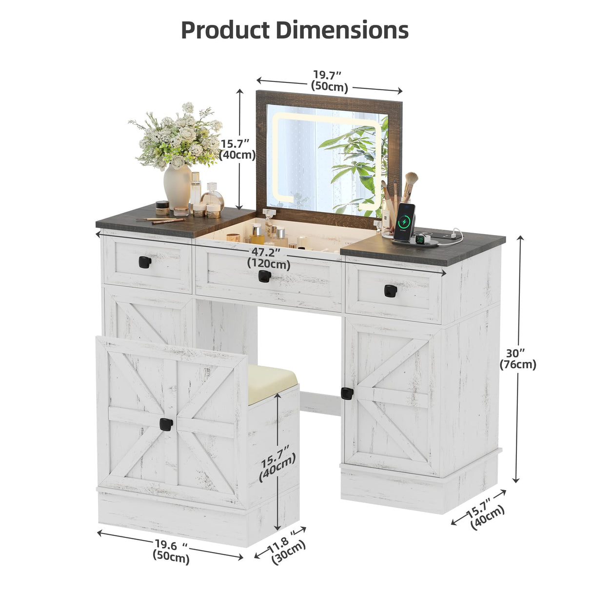 JDPAG Farmhouse Vanity Desk with Flip Top Mirror and Lights, Makeup Vanity Table with 2 Adjustable cabinets,2 Drawers and Hidden Storage Stool, Charging Dressing Table Set for Bedroom,White JDPAG