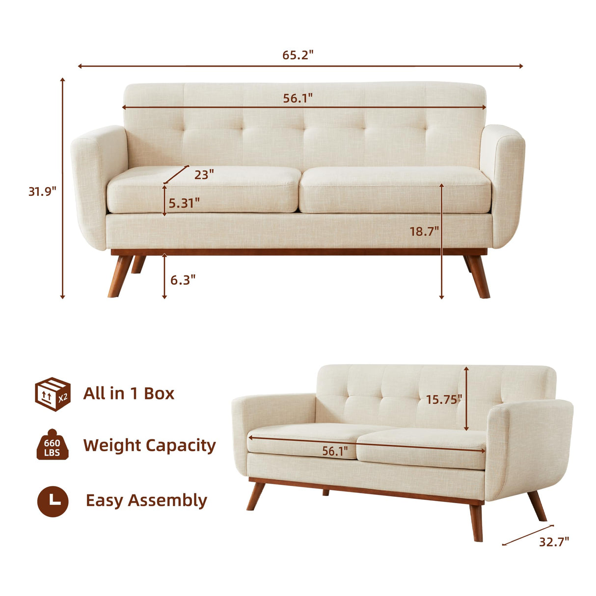 Kingfun 65.2" W Loveseat Sofa, Mid Century Modern Decor Love Seat Couches for Living Room, Button Tufted Upholstered Furniture, Solid & Easy to Install Small Couch for Bedroom Office Apartment, Beige Kingfun