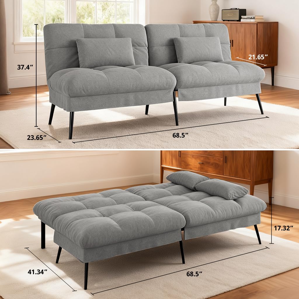COMHOMA Convertible Sofa Bed,72″Fabric Couch with Adjustable Backrest,Loveseat Recliner Sleeper Living Room Furniture futon Set (Grey) COMHOMA