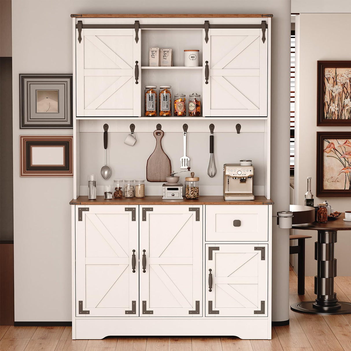 71" Pantry Cabinet, Kitchen Hutch Cabinet with Microwave Stand & Charging Station, Farmhouse Tall Storage Cabinet with Countertop, Floor Cupboard Cabinet, Bar Cabinet with Drawer and Doors, White ISHARINGTIME