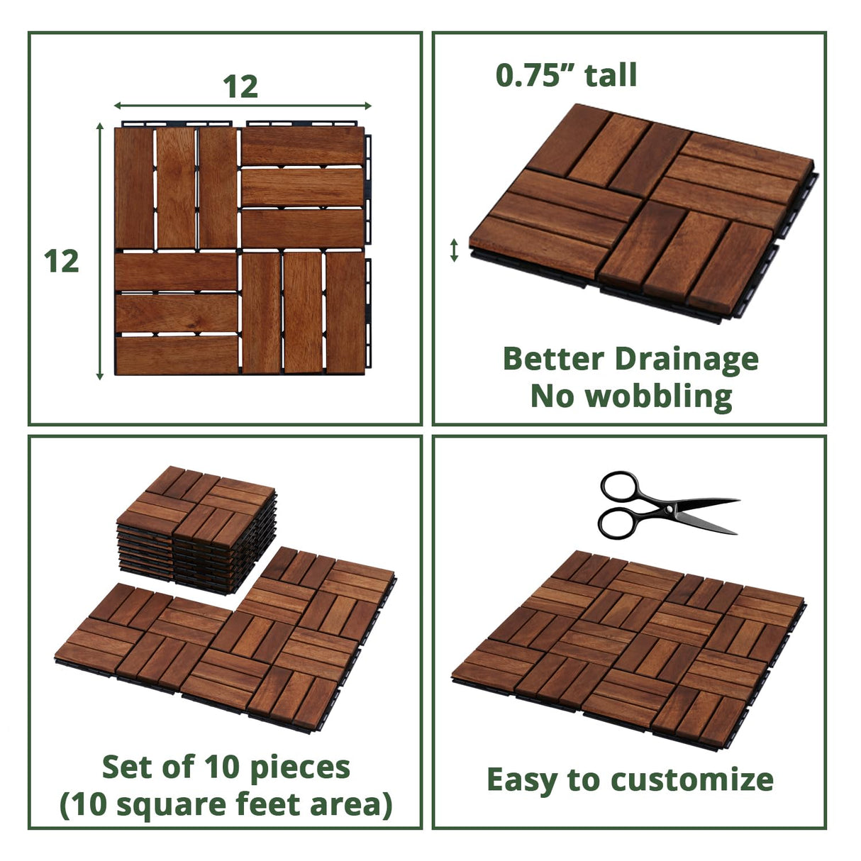 BEEFURNI Acacia Interlocking Deck Tiles (12x12 Pack 10), Acacia Wood Deck Tiles Interlocking Outdoor, Indoor Flooring Mats for Balcony Decor,Patio, Backyard, 1-Year Manufacturer Warranty (Dark Brown) BEEFURNI