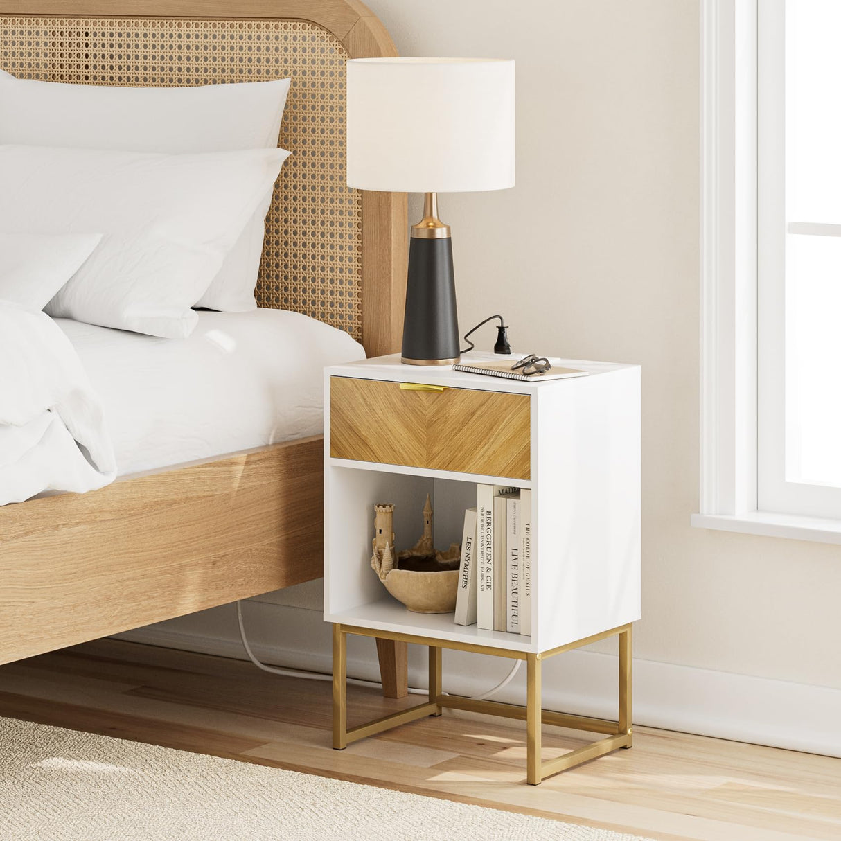 Masupu Night Stand with Charging Station,Modern Nightstand Boho Farmhouse Wood Bedside Table with Storage Drawer Side End Table for Bedroom,Living Room,Office,White with Outlet Masupu