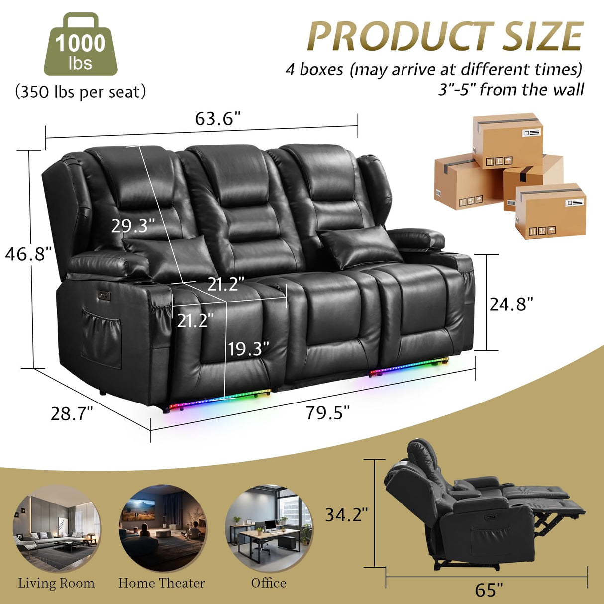 SAMERY Power Loveseat Recliner Sofa with Adjustable Split Back, Multi-Port Charger, Flip-Up Backrest & LED Lighting - Home Theater Seating with Storage, Cup Holders, Black Faux Leather Loveseat SAMERY