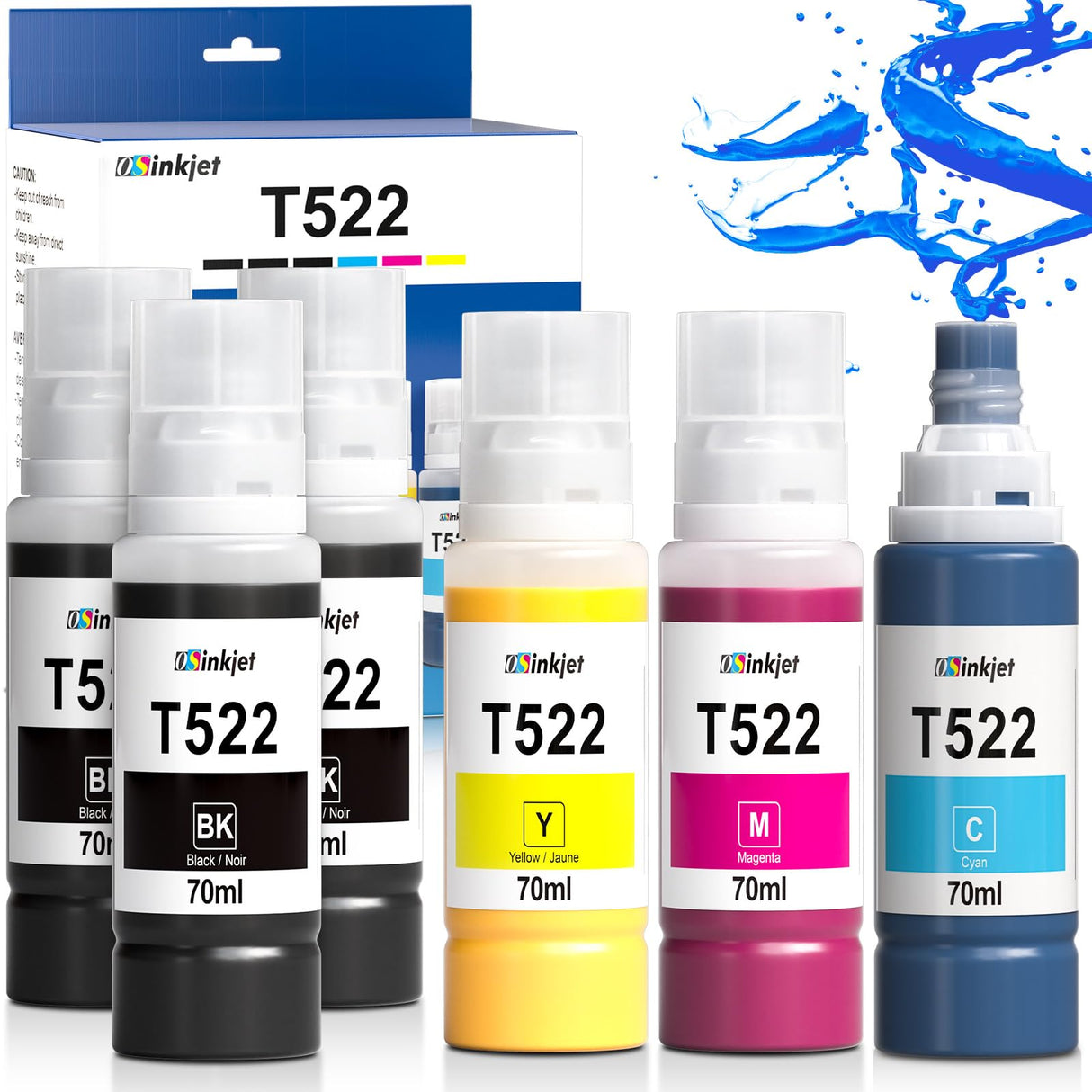 Osinkjet 522 Ink Refill Bottles for Eco Tank ET-2800 ET-2720 ET-2803 ET-2400 ET-4800 ET-4700, 522 Ink Bottle for Eco Tank ET-2840 ET-4810 Printer, T522 Ink Refill Bottles Combo Pack(3BK C M Y) Osinkjet