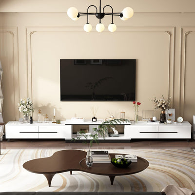FAMAPY Modern TV Console Extendable Media Console, Adjustable Length, Contemporary Entertainment Center with Drawers and Legs, for Living Room White and Black (95”-133.9”W x 15.2”D x 13.1”H)