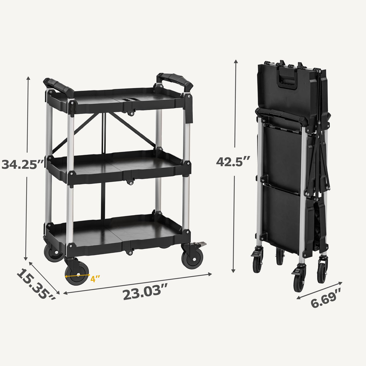 DWVO 350 LBS Foldable Utility Cart, Folding Utility Cart on Wheels, Folding Service Cart Collapsible Utility Cart with Wheels, Collapsible Rolling Cart with Locking for Garage Home Restaurant DWVO