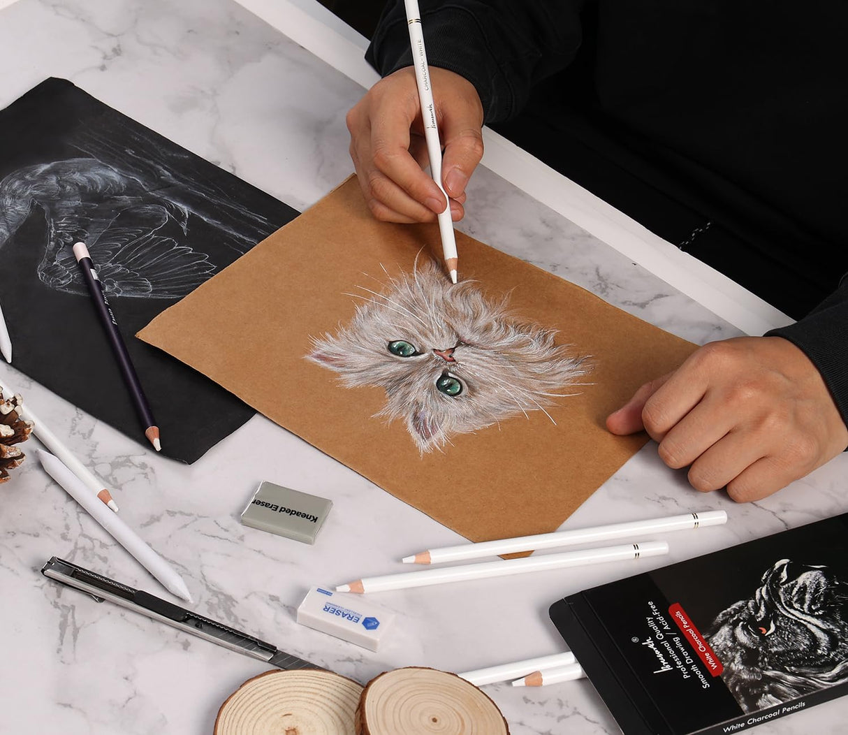 Brusarth White Charcoal Pencils Set - 12 Piece Sketch Highlight White Pencils Set for Drawing, Sketching, Shading, Blending, Artist Pencils for Artists, Professionals or Beginners Brusarth