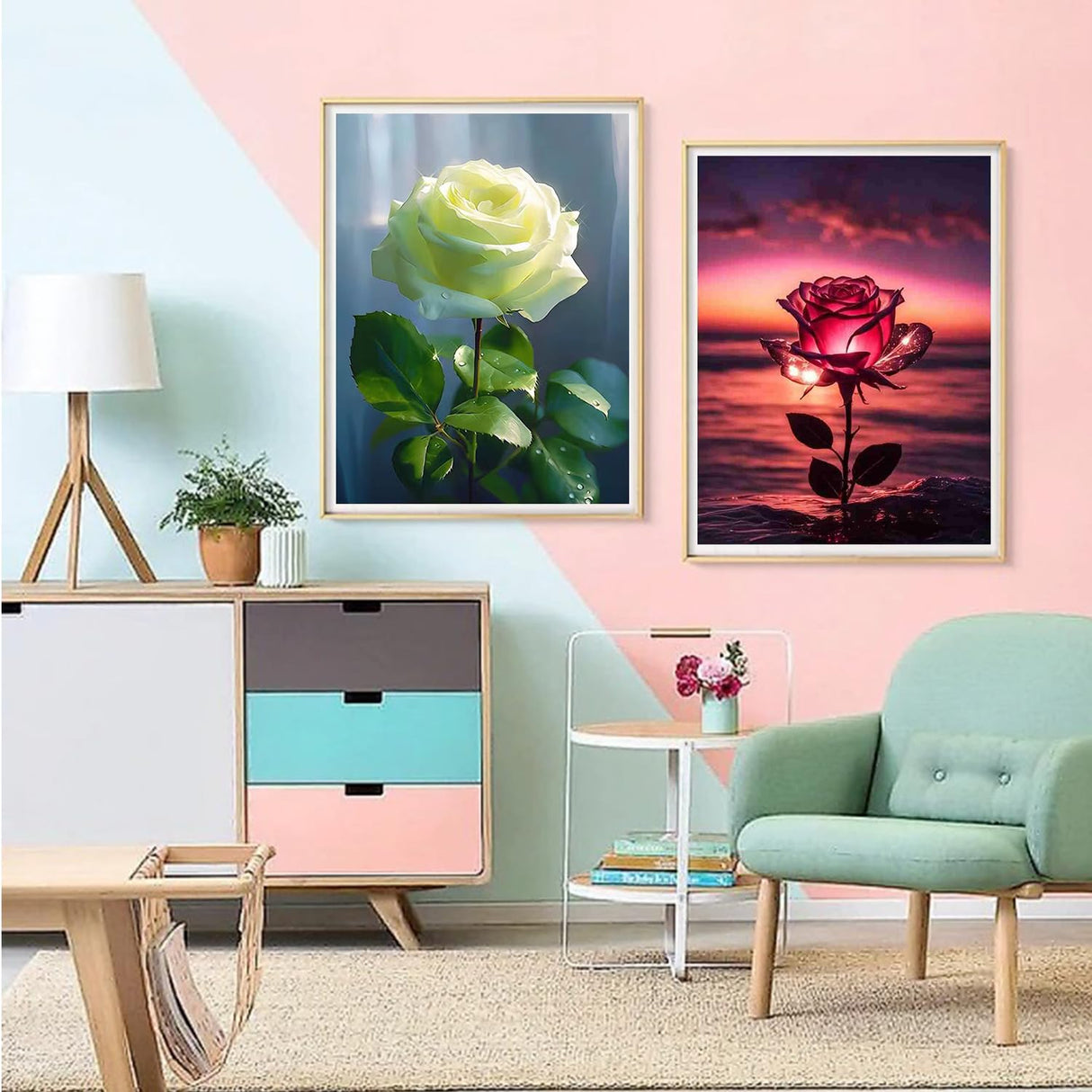 HSENJT Rose Diamond Art Painting Kits for Adults Beginners,Flowers DIY 5D Diamond Art Kits,Beach Diamond Art Painting for Home Wall Decor (30x40cm/11.8X15.7inch) HSENJT