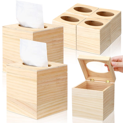 Wonderjune 6 Pcs Wood Tissue Box Cover for DIY Unfinished Wood Box Custom Design Square Wooden Tissue Cover Holder with Flip Opening Top for Arts Crafts Bathroom Decor Home Decor
