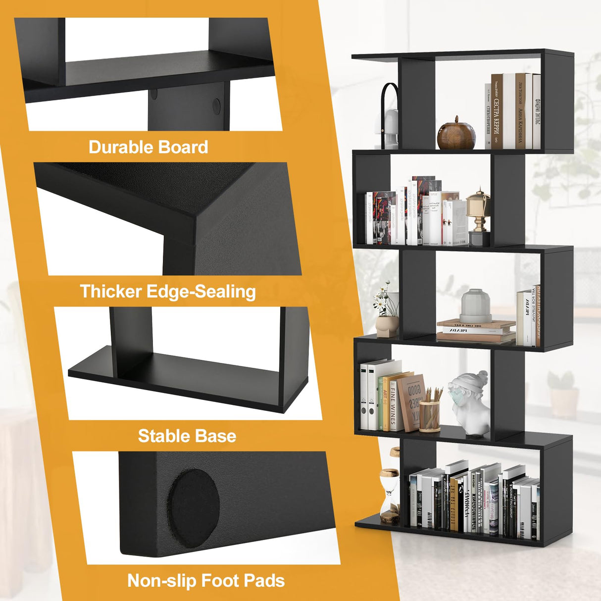 Tangkula 5-Tier Geometric Bookshelf, S Shaped Bookcase w/Anti-Toppling Device, Freestanding Room Divider, Industrial Home Office Decor Wood Open Storage Display Shelf for Living Room (1, Black) Tangkula