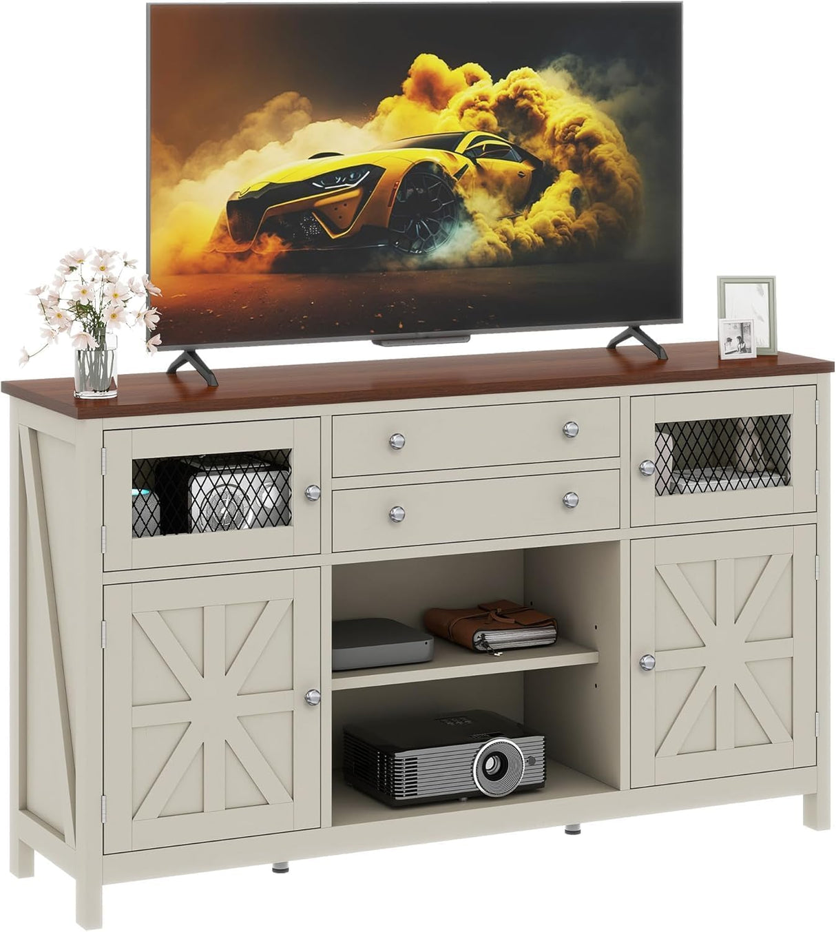 YITAHOME Farmhouse TV Stand for 65/55 Inch Television, Entertainment Center Television Stand with Drawers & Door, 59" Media Console TV Cabinet for Living Room, Antique White YITAHOME
