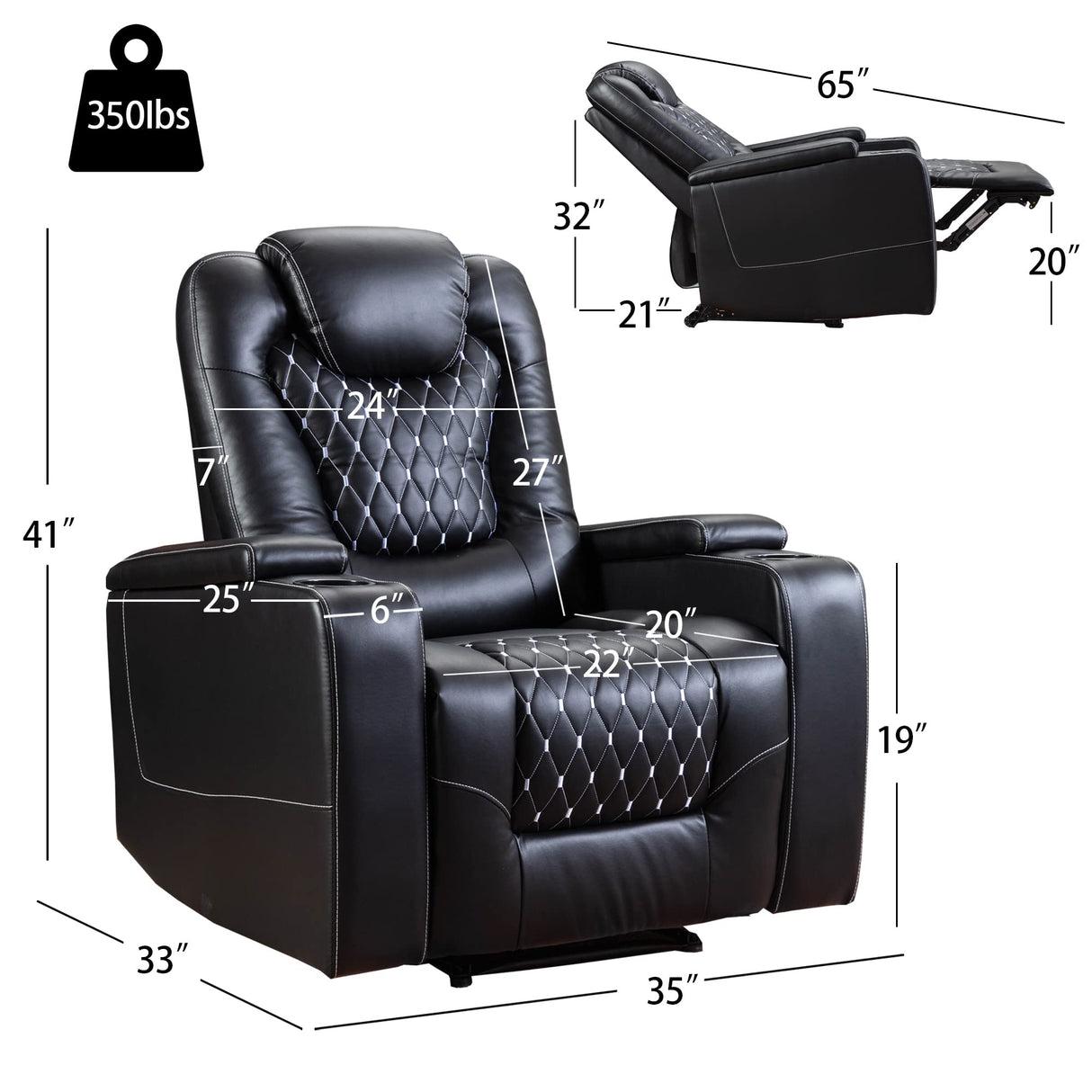 ANJ Power Recliner Chair with USB Ports and Cup Holders - Overstuffed Electric Home Theater Seating PU Leather Reclining Furniture with Hidden Arm Storage, Easy to Clean (Black) ANJ