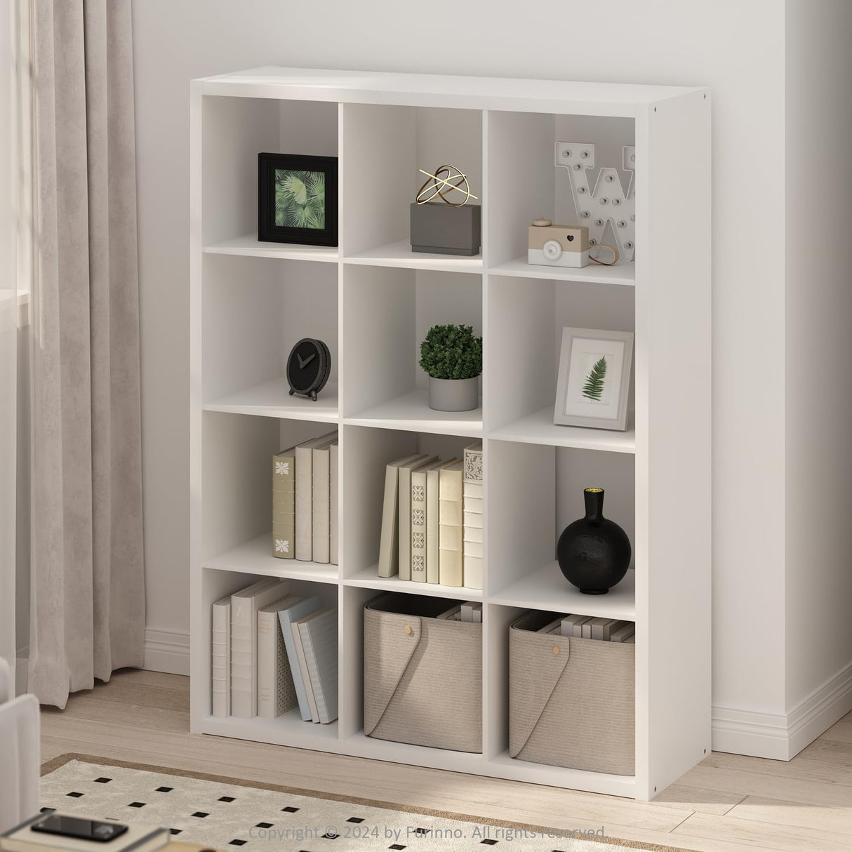 Furinno Simple Cube Storage Organizer, 12-Cube Display Shelf, Open Back Shelving Unit, Storage Shelves, Extra Thick Frame, for Organization and Storage, Living Room, Home Office, White Furinno