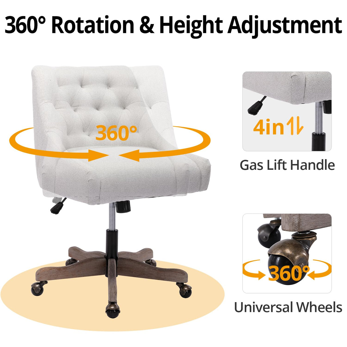 Swivel Home Office Chair, Modern Fabric Upholstered Tufted Accent Computer Desk Chair with Ergonomic Wide Backrest and Wooden Legs, Height Adjustable Swivel Vanity Chair for Office, Beige Zaboro