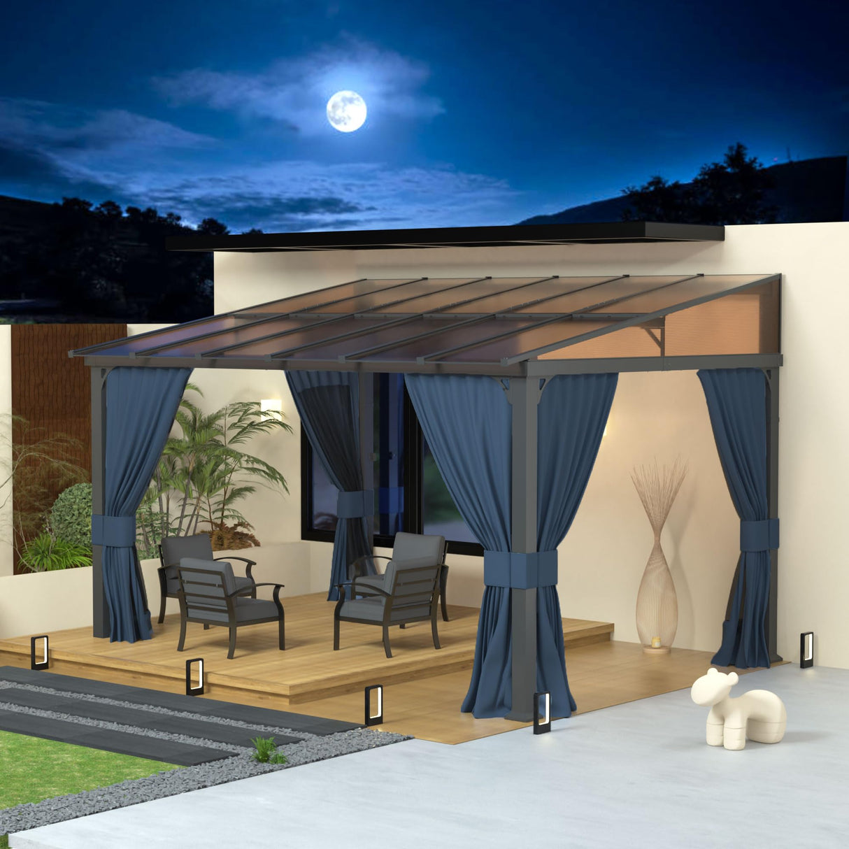 RTDTD 10' x 12' Gazebo,Hard Top Lean to Gazebo Wall Mount Heavy Hardtop Gazebo Outdoor Pergola with Curtains and Netting for Patio Garden Lawn Backyard Deck (Navy) RTDTD