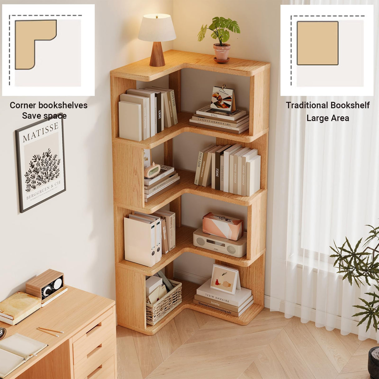4-Tiers Corner Bookshelf with Storage, Modern Geometric Bookcase, L-Shaped Book case estantes,Wooden Storage Shelves,for Home Office, Living Room, Bedroom (4-Tier) WoodArtSupply